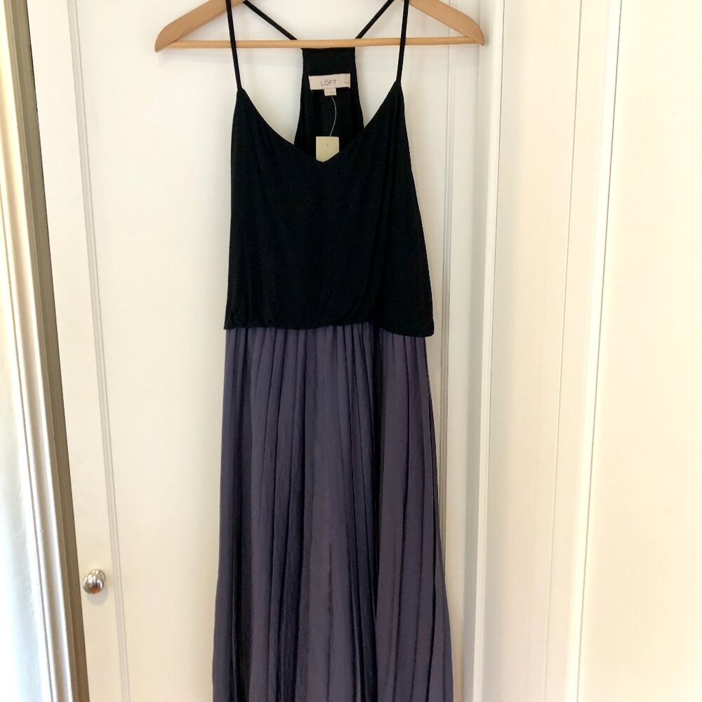 NWT LOFT Black and Purple (Slate Grey/Plum) Spaghetti Strap Dress MP PETITES